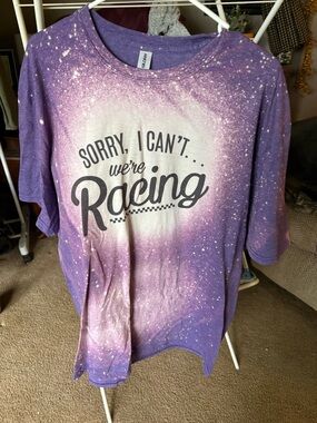 Gildan Purple Bleach-Splatter Graphic Tee - "Sorry, I Can't... We're Racing"